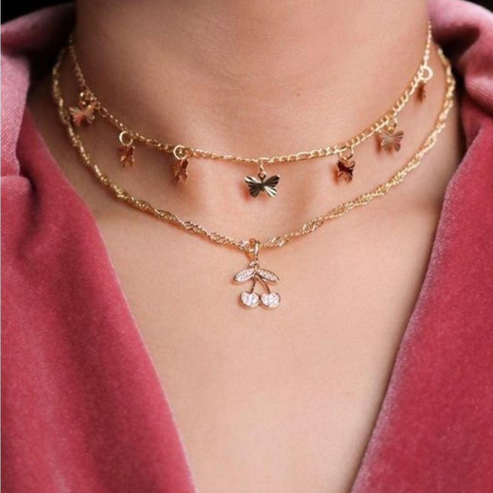 NEW! Layered Gold Butterfly & Cherry Charm Necklace - Picture 5 of 6